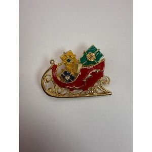 Vintage Tancer II Christmas Sleigh Brooch – Red Enamel Gold Tone Holiday